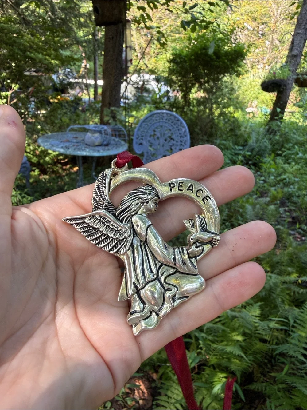 Gorham Silver Plated Angel Ornaments with Red Ribbon Accents Hope Peace Love